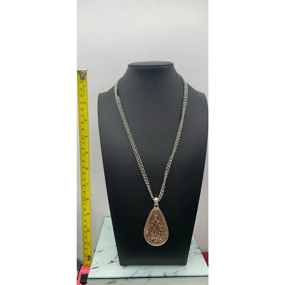 Silver Tone Double Chain‎ Tear Drop Reversible To Gold Tone Pendant Necklace